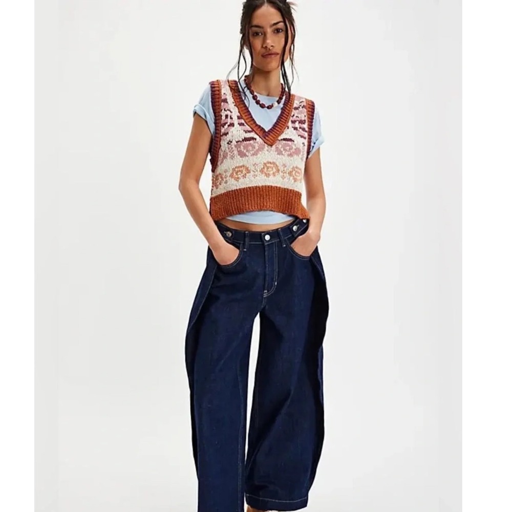 Free People Notes Of Rose Sweater Vest Boho Floral Intarsia Women XS Terracotta